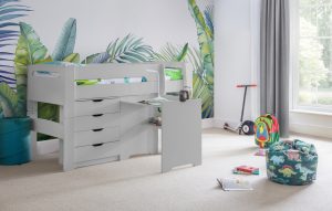 Pluto Midsleeper Dove Grey Desk 4 Drawer Chest Roomset