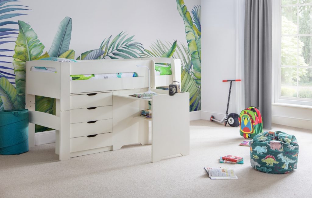 Pluto Midsleeper Stone White 4 Drawer Chest Desk Roomset