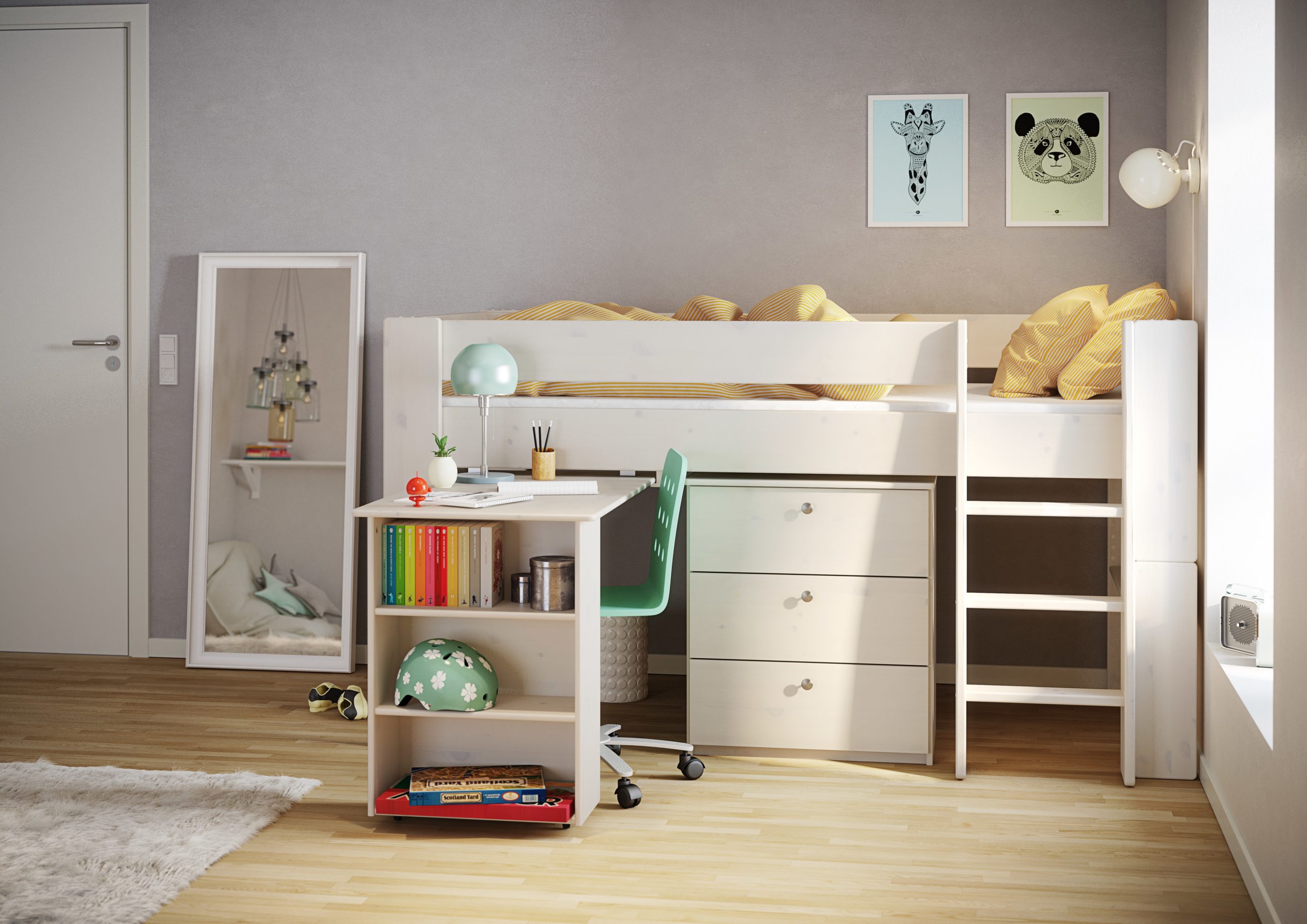 Memphis Ice White Midsleeper Bed with Pull Out Desk and Drawers Kids Beds UK