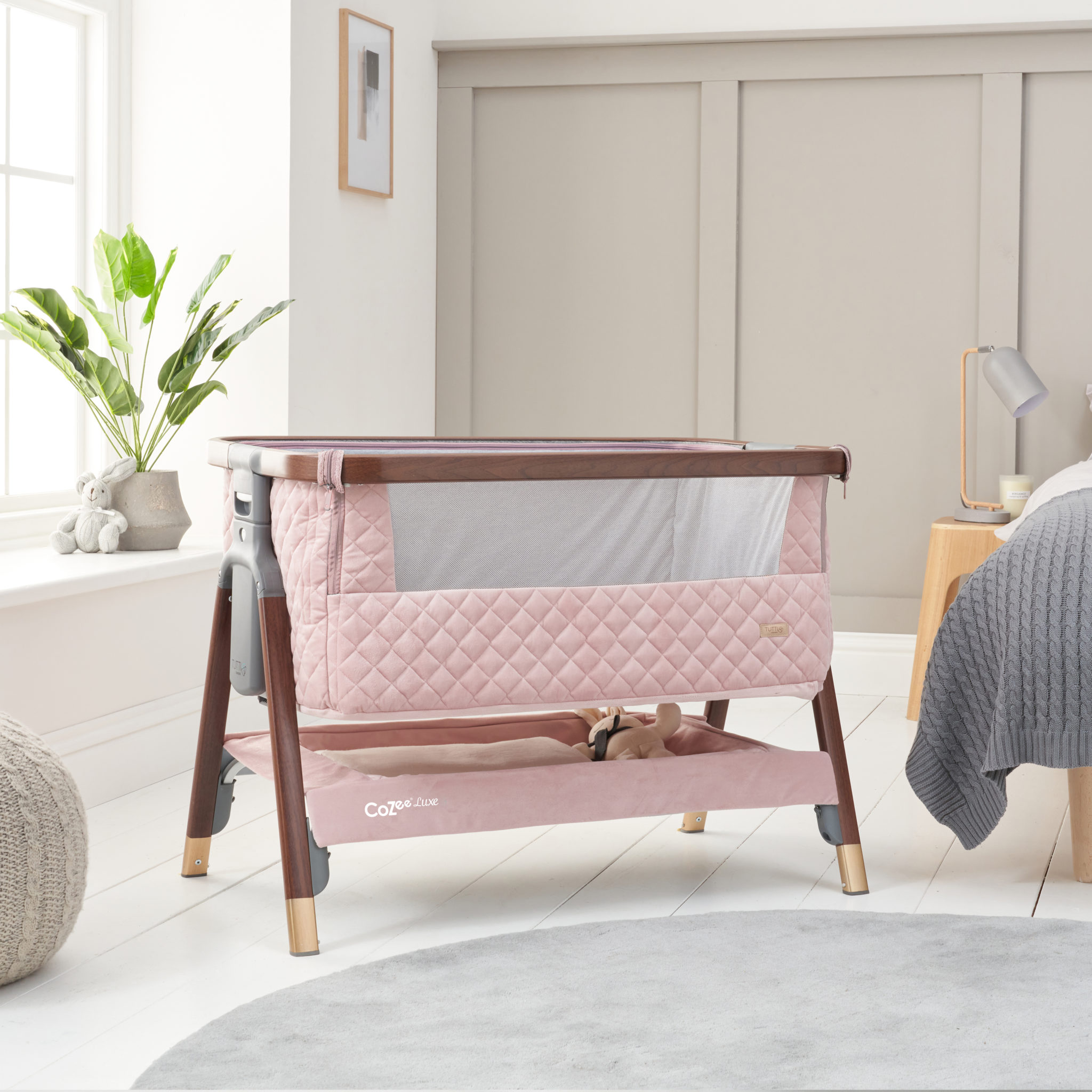 CoZee Luxe Bedside Crib Walnut & Blush Kids Beds UK