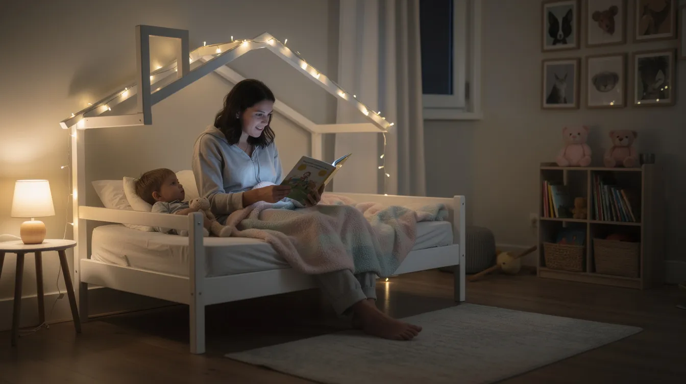 A parent is reading a bedtime story to their toddler, who is nestled comfortably in a cozy house-shaped toddler bed, designed to ensure a good night's sleep. The scene captures a moment of warmth and safety, with the child's room adorned in soft bed linen, creating a perfect environment for bedtime fun and restful sleep.