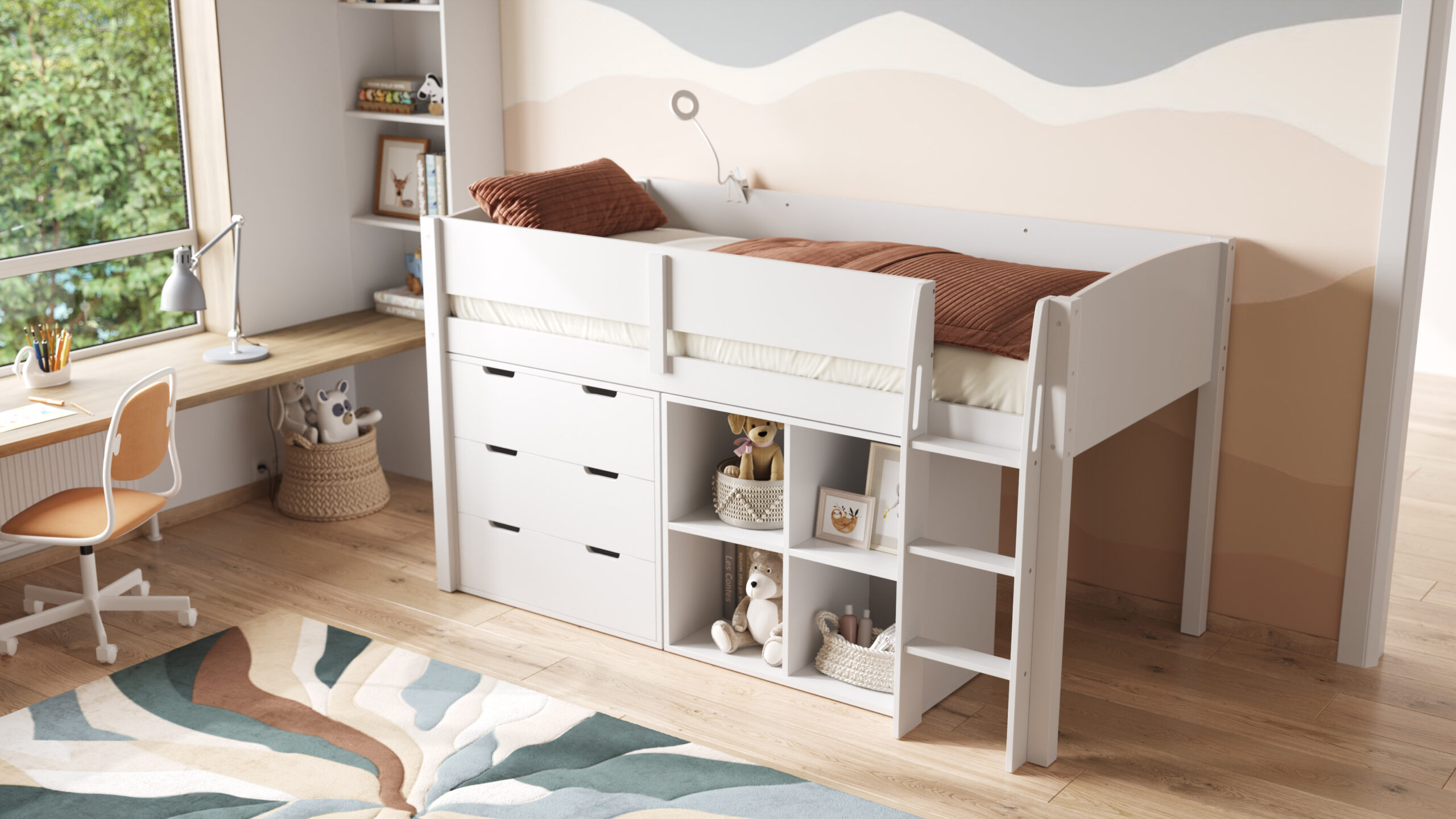 Loop Wooden Mid Sleeper Cabin Bed White Kids Beds UK