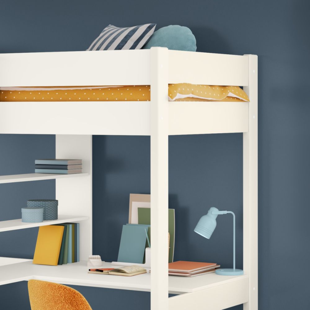 uno high sleeper with desk and shelving white side view crop footboard