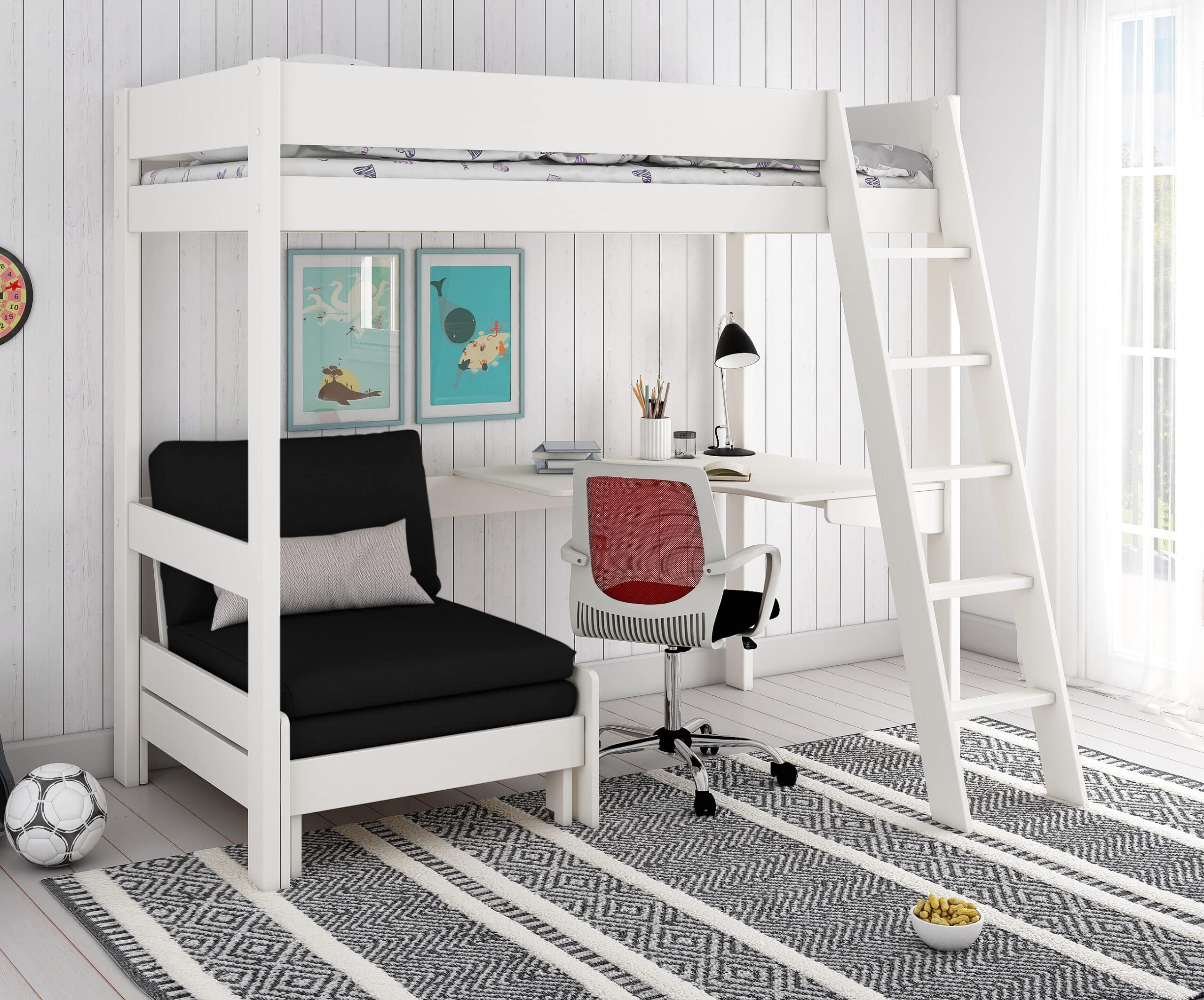 kids avenue estella white high sleeper bed 4 with black sofabed desk scaled
