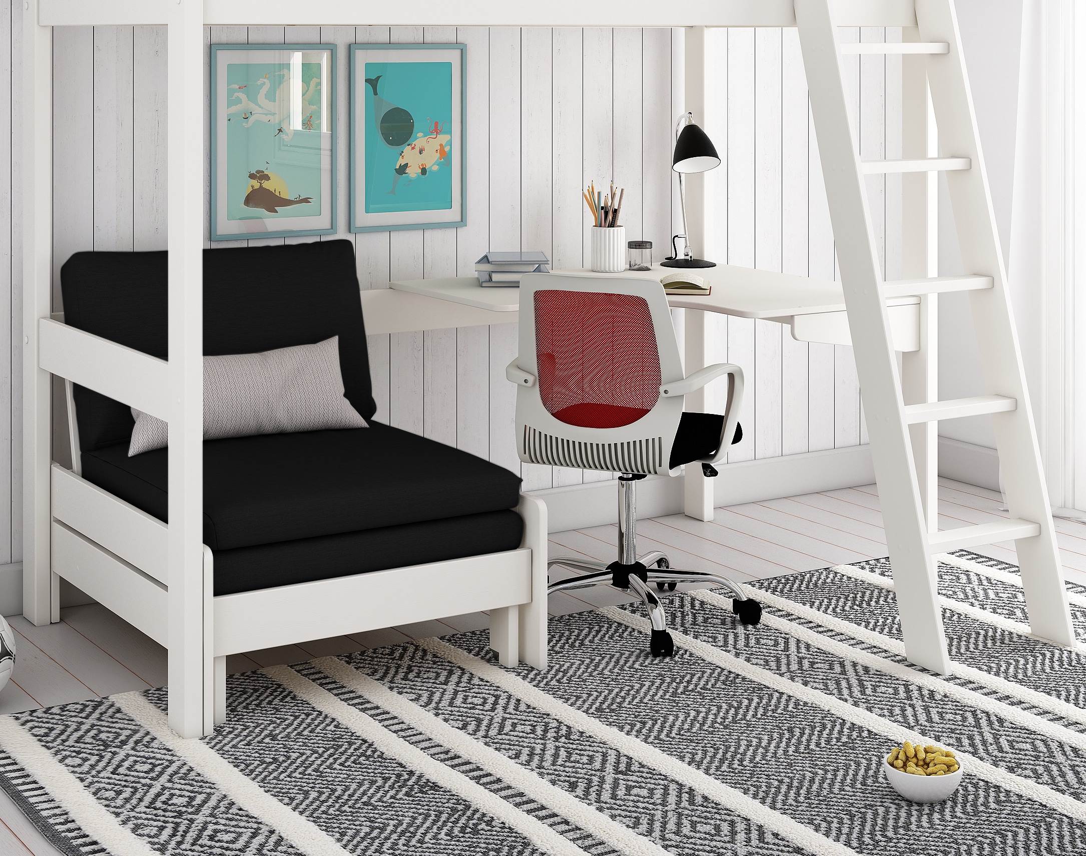 kids avenue estella white high sleeper bed 4 with black sofabed desk 03