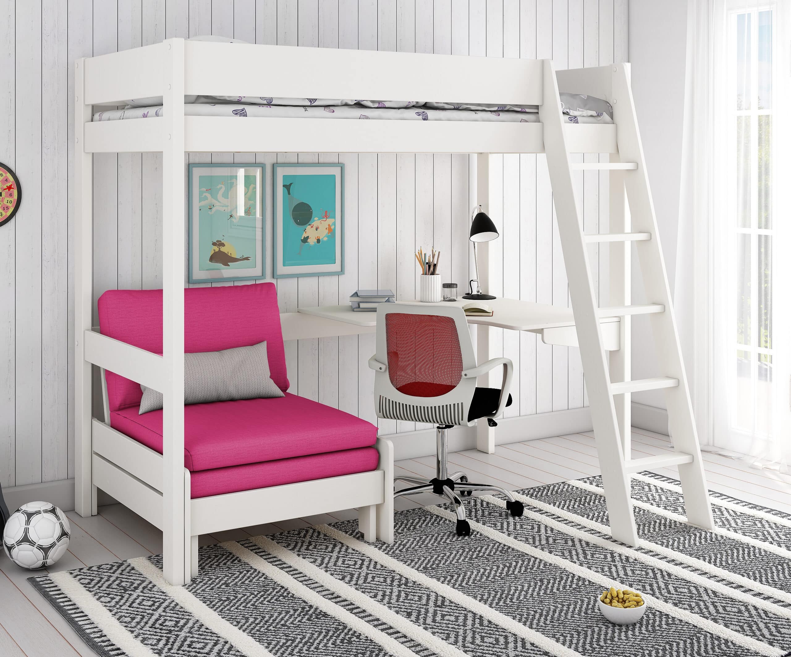 kids avenue estella white high sleeper bed 4 with pink sofabed desk scaled