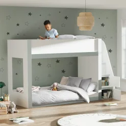 This cool white and silver bunk bed gives a clean, new look to any kids' room. The sturdy ladder to the top bunk has built-in shelves. These are perfect for keeping books, toys, or other items tidy. Made from tough wood, this bunk bed is a great way to save space in shared rooms or when friends sleep over.