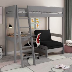 The Kids Avenue Estella grey high sleeper bed, equipped with a black sofabed and corner desk, features a raised bed frame and a separate chair bed with black cushions. The Estella grey high sleeper bed incorporates a reversible ladder design, enabling the assembly of the five-step slanted ladder on either the front left or front right side of the bed frame. Beneath the bed is an integrated corner desk, which must be positioned and constructed behind the ladder to allow unimpeded extension of the sofa bed. The dual chair bed is a distinct piece of bedroom furniture that fits precisely beneath the raised bed frame, thereby optimizing space within the child's bedroom. The sofabed is engineered for dual functionality as a seating area and a supplementary sleeping arrangement for any overnight guests; when fully extended, it measures approximately 180cm in length