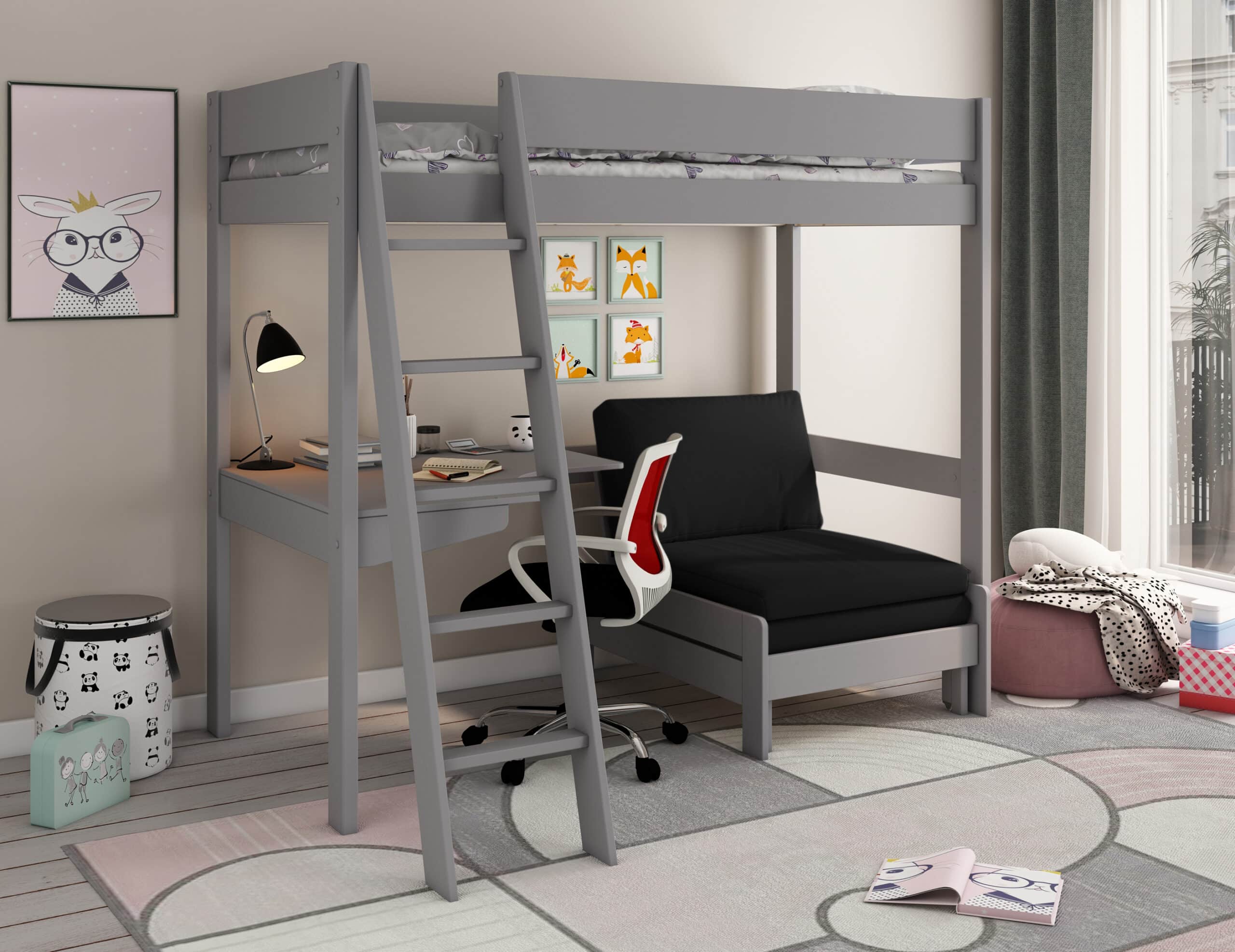 The Kids Avenue Estella grey high sleeper bed, equipped with a black sofabed and corner desk, features a raised bed frame and a separate chair bed with black cushions. The Estella grey high sleeper bed incorporates a reversible ladder design, enabling the assembly of the five-step slanted ladder on either the front left or front right side of the bed frame. Beneath the bed is an integrated corner desk, which must be positioned and constructed behind the ladder to allow unimpeded extension of the sofa bed. The dual chair bed is a distinct piece of bedroom furniture that fits precisely beneath the raised bed frame, thereby optimizing space within the child's bedroom. The sofabed is engineered for dual functionality as a seating area and a supplementary sleeping arrangement for any overnight guests; when fully extended, it measures approximately 180cm in length
