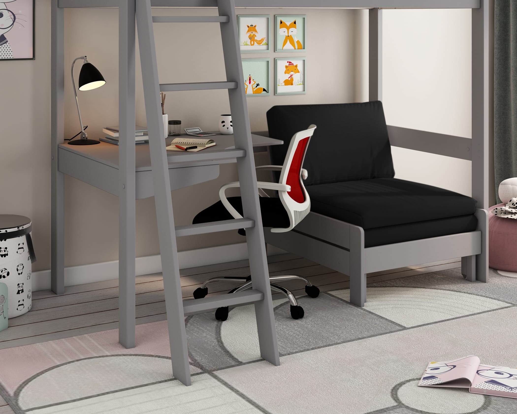 kids avenue estella grey high sleeper bed 1 with black sofabed desk 01
