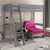 The Kids Avenue Estella grey high sleeper bed with a pink sofa bed is a strong bed frame. It has a desk built into the corner and a ladder that can be put on either the left or right side of the bed. The ladder has 5 steps and is angled. Underneath the bed, there's a corner desk and a separate sofa chair with pink cushions. When you pull out the sofa bed, it's about 180cm long. The corner desk is a good size, perfect for doing homework or playing video games. The desk needs to be put behind the ladder so there's room when the sofa bed is fully extended.