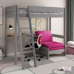 The Kids Avenue Estella grey high sleeper bed with a pink sofa bed is a strong bed frame. It has a desk built into the corner and a ladder that can be put on either the left or right side of the bed. The ladder has 5 steps and is angled. Underneath the bed, there's a corner desk and a separate sofa chair with pink cushions. When you pull out the sofa bed, it's about 180cm long. The corner desk is a good size, perfect for doing homework or playing video games. The desk needs to be put behind the ladder so there's room when the sofa bed is fully extended.