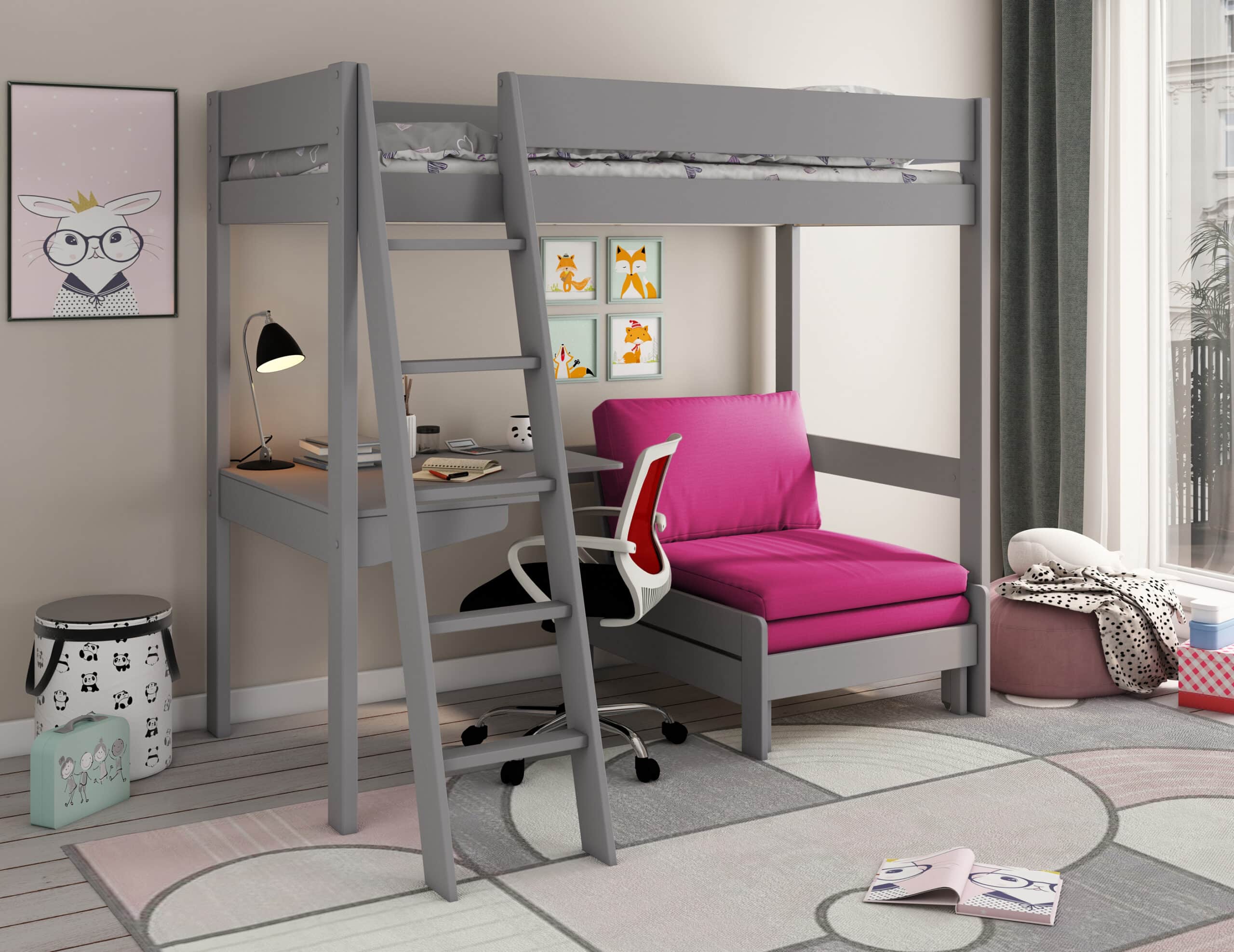 The Kids Avenue Estella grey high sleeper bed with a pink sofa bed is a strong bed frame. It has a desk built into the corner and a ladder that can be put on either the left or right side of the bed. The ladder has 5 steps and is angled. Underneath the bed, there's a corner desk and a separate sofa chair with pink cushions. When you pull out the sofa bed, it's about 180cm long. The corner desk is a good size, perfect for doing homework or playing video games. The desk needs to be put behind the ladder so there's room when the sofa bed is fully extended.