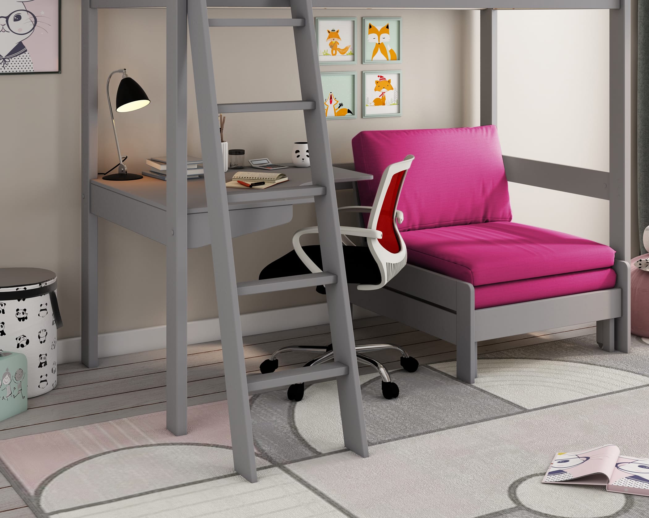 kids avenue estella grey high sleeper bed 1 with pink sofabed desk 01