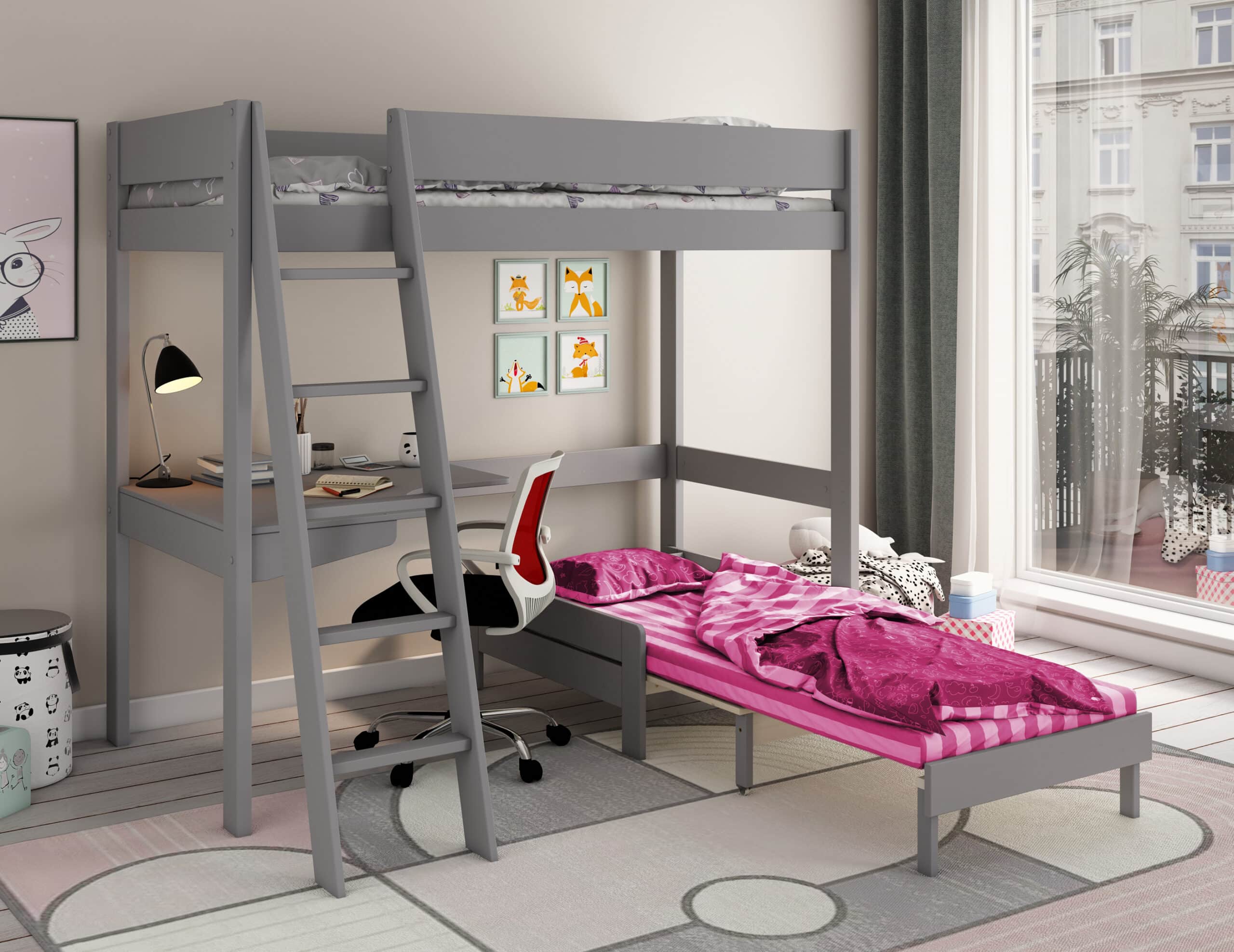 kids avenue estella grey high sleeper bed 1 with pink sofabed desk 03 scaled