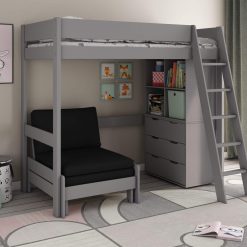 The Kids Avenue Estella Black high bed with a pink sofa bed has a bed that's raised up high, with a ladder you can put on either side. It also has storage space underneath. You can put the sturdy 5-step ladder on the front left or front right of the bed. Underneath the high bed, there are three pieces of furniture that fit, but you can also use them on their own. The sofa bed pulls out and is great for saving space in a child's room. It's a comfy spot to sit or can be used as an extra bed for guests.