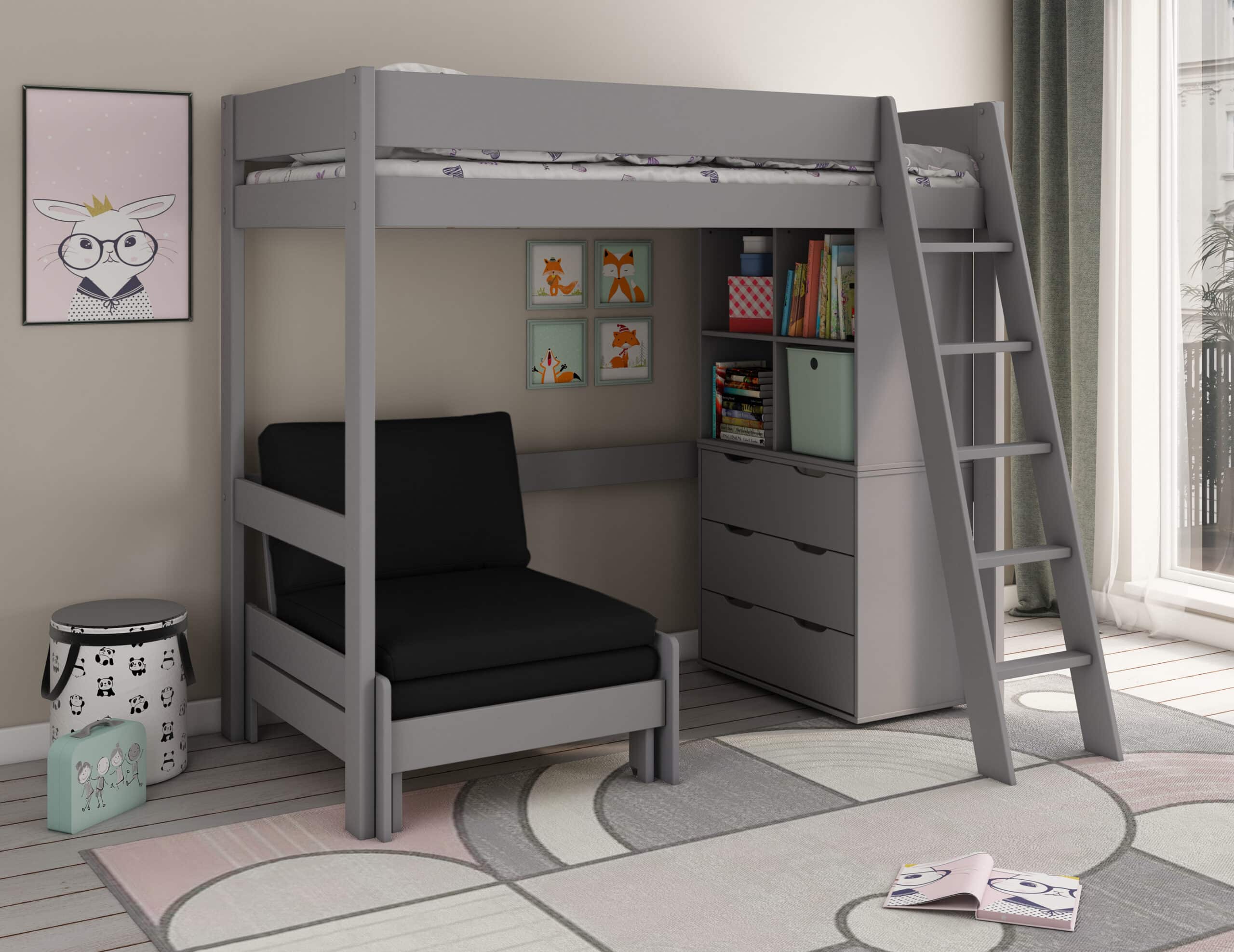The Kids Avenue Estella Black high bed with a pink sofa bed has a bed that's raised up high, with a ladder you can put on either side. It also has storage space underneath. You can put the sturdy 5-step ladder on the front left or front right of the bed. Underneath the high bed, there are three pieces of furniture that fit, but you can also use them on their own. The sofa bed pulls out and is great for saving space in a child's room. It's a comfy spot to sit or can be used as an extra bed for guests.