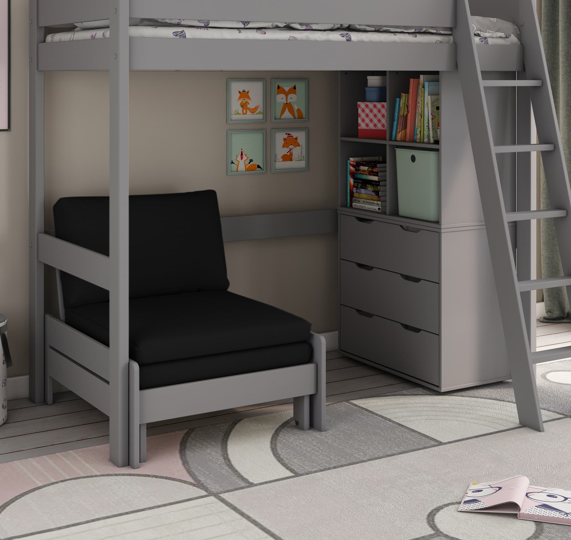 kids avenue estella grey high sleeper bed 2 with black sofabed chest cube 01