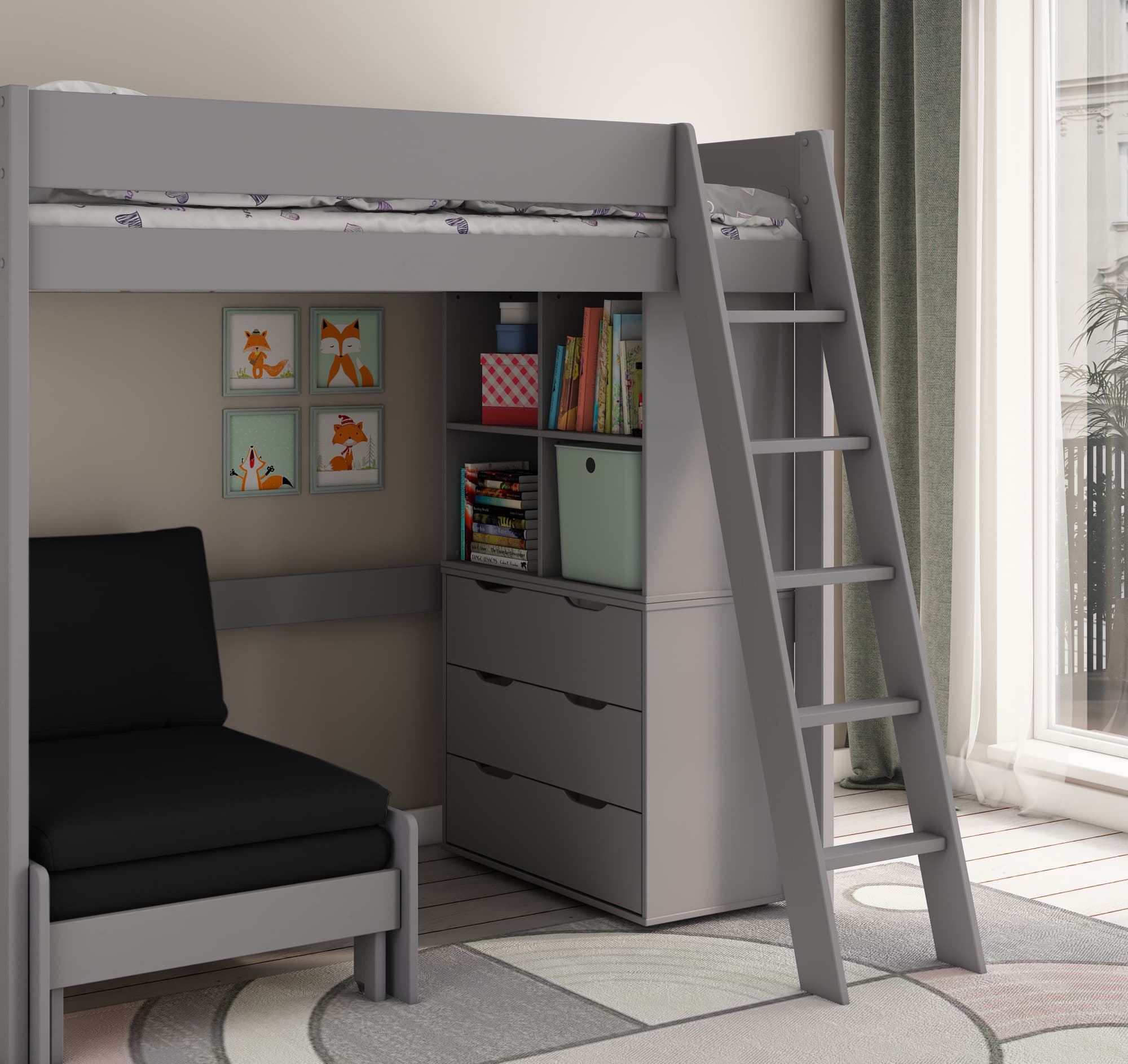 kids avenue estella grey high sleeper bed 2 with black sofabed chest cube 02