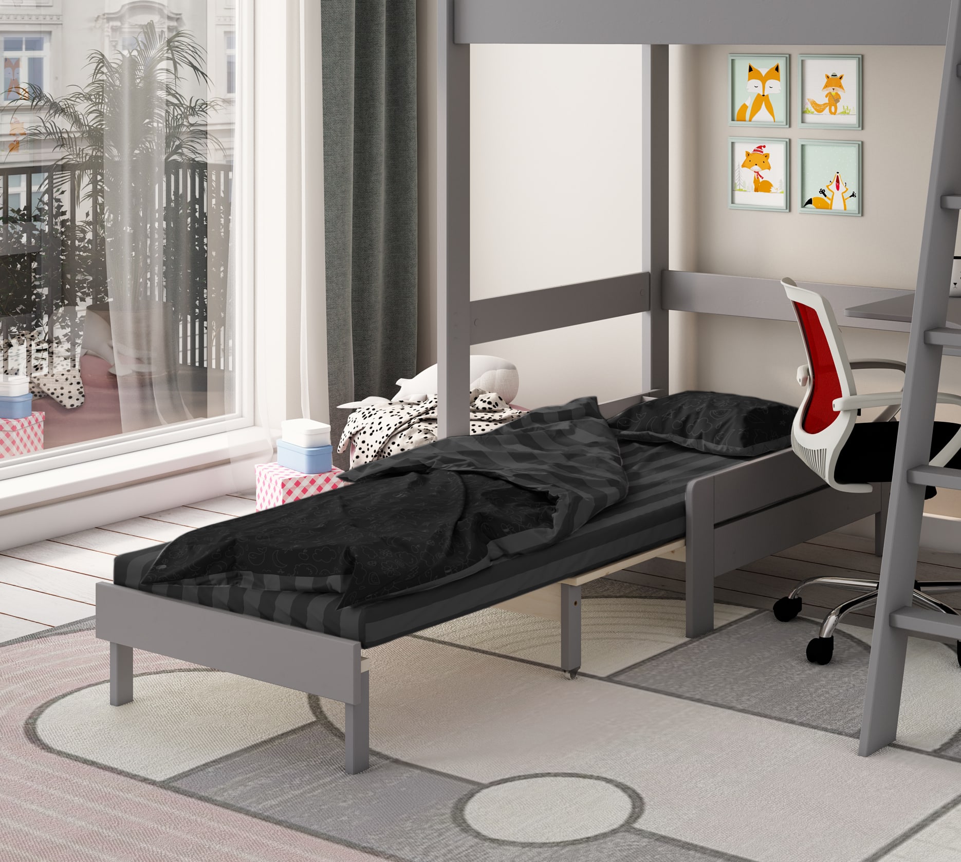 kids avenue estella grey high sleeper bed 2 with black sofabed chest cube 04