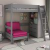 This is the Kids Avenue Estella grey high sleeper bed with a pink sofa bed. It has a bed that's raised up, and a ladder that can go on either side. There's also storage space underneath. You can put the sturdy 5-step ladder on the front left or front right of the bed frame. Under the bed, you'll find three pieces of furniture that can be used there or anywhere else in the room. The pull-out sofa bed is great for sitting and relaxing, or for guests. It saves space in your child's room.