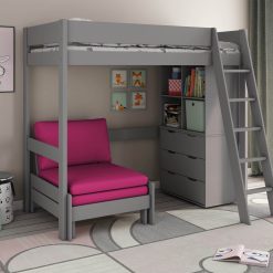 This is the Kids Avenue Estella grey high sleeper bed with a pink sofa bed. It has a bed that's raised up, and a ladder that can go on either side. There's also storage space underneath. You can put the sturdy 5-step ladder on the front left or front right of the bed frame. Under the bed, you'll find three pieces of furniture that can be used there or anywhere else in the room. The pull-out sofa bed is great for sitting and relaxing, or for guests. It saves space in your child's room.