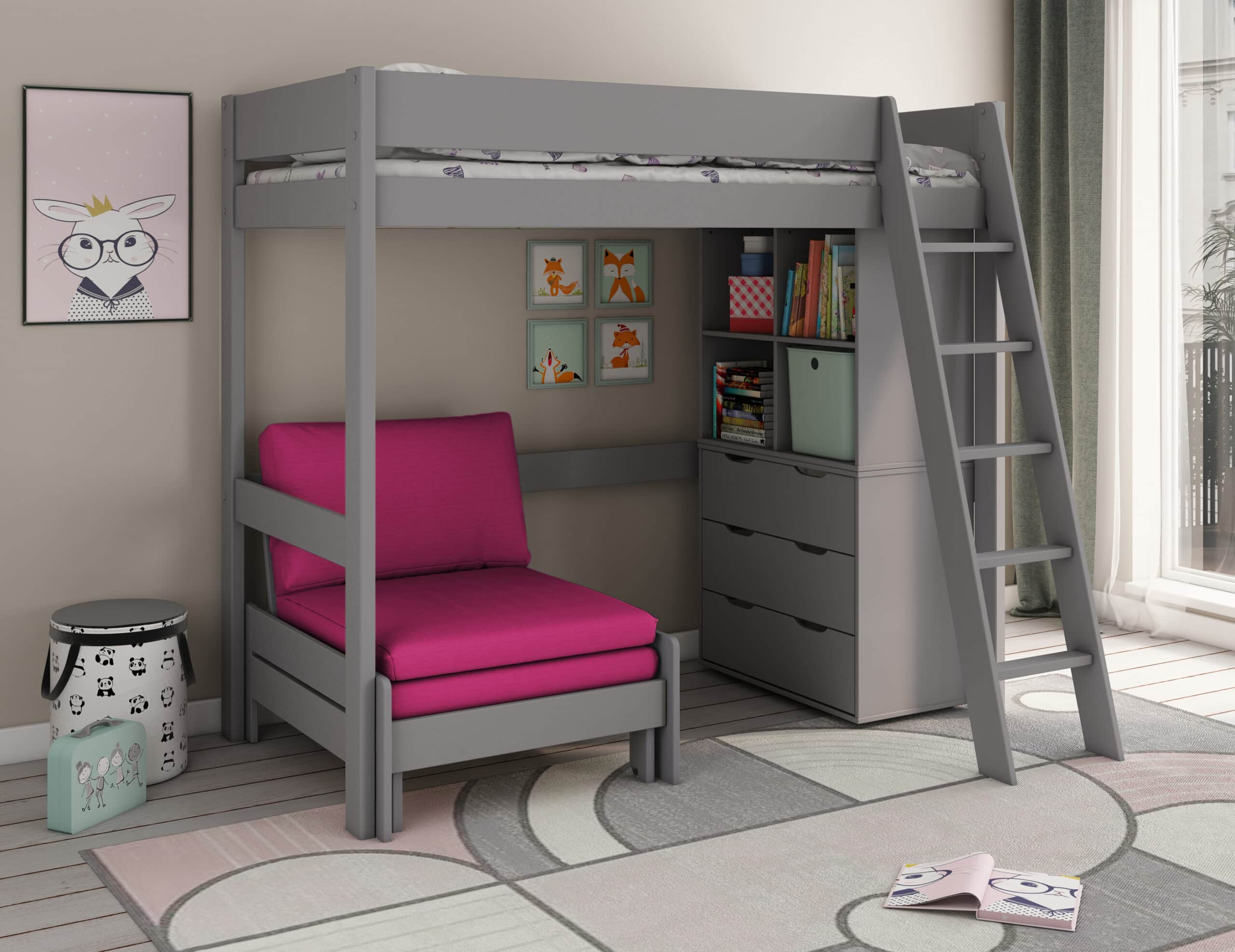 This is the Kids Avenue Estella grey high sleeper bed with a pink sofa bed. It has a bed that's raised up, and a ladder that can go on either side. There's also storage space underneath. You can put the sturdy 5-step ladder on the front left or front right of the bed frame. Under the bed, you'll find three pieces of furniture that can be used there or anywhere else in the room. The pull-out sofa bed is great for sitting and relaxing, or for guests. It saves space in your child's room.
