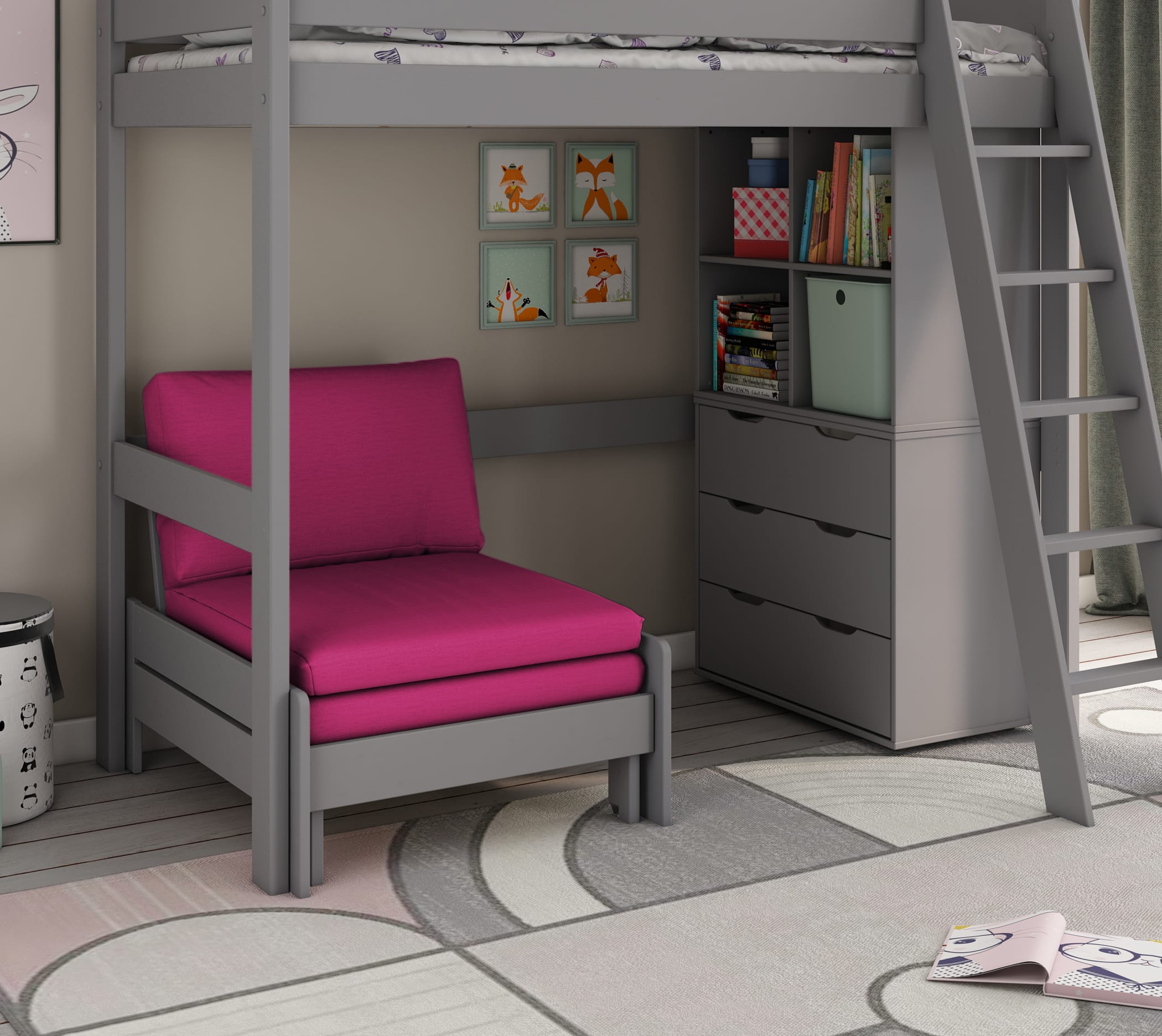 kids avenue estella grey high sleeper bed 2 with pink sofabed chest cube 01