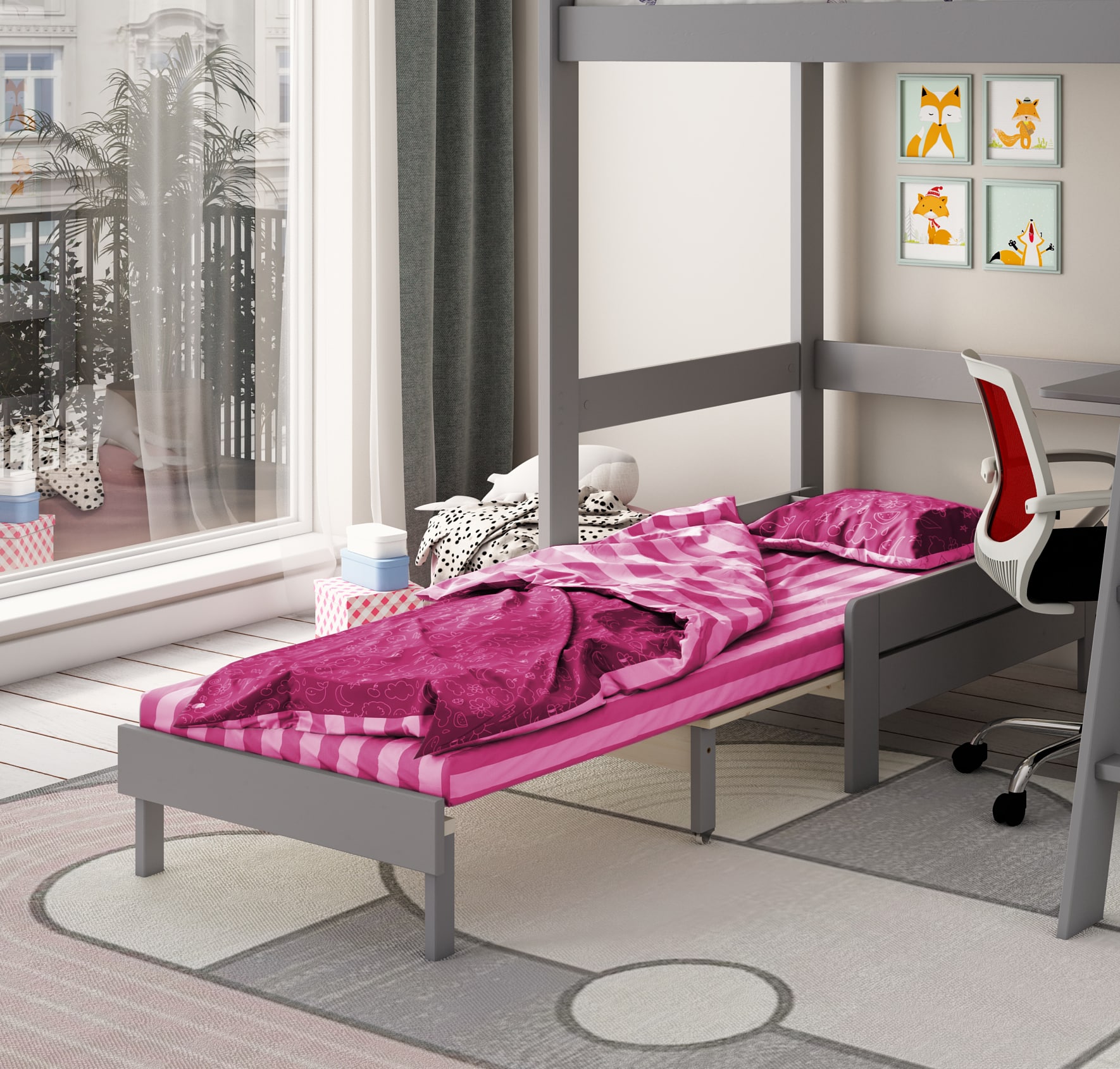 kids avenue estella grey high sleeper bed 2 with pink sofabed chest cube 04