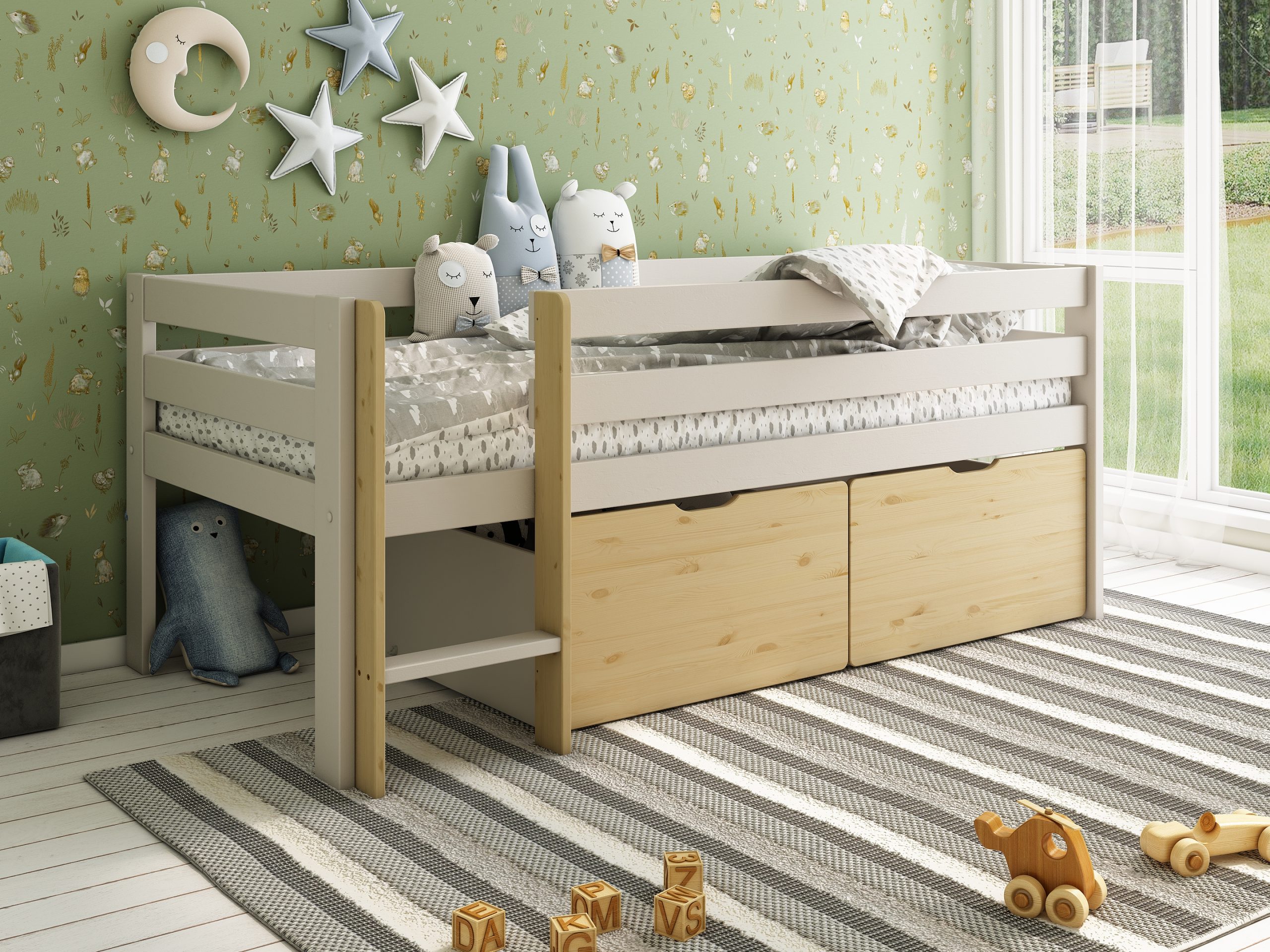 Scandi Toddler Cabin Bed with two storage drawers in Cashmere & Oak (1)