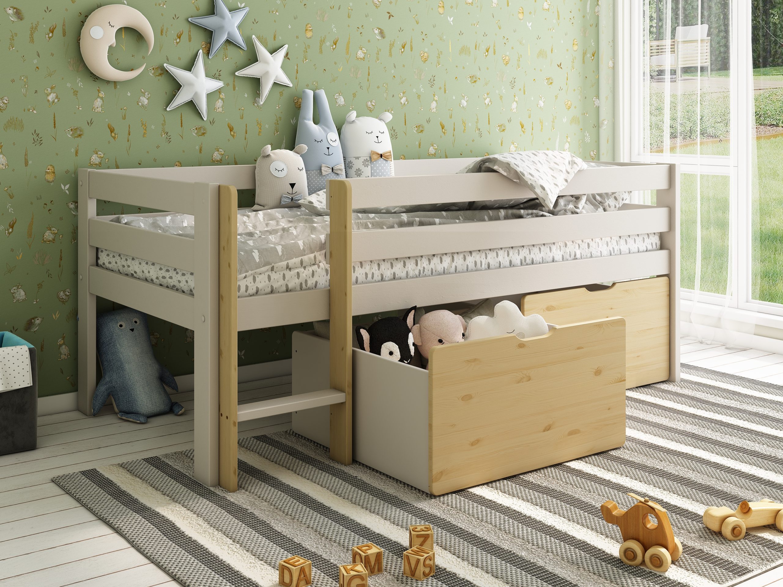 Scandi Toddler Cabin Bed with two storage drawers in Cashmere & Oak (2)