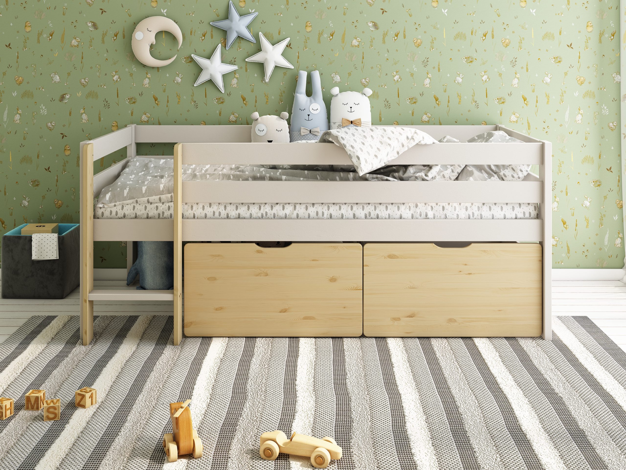 Scandi Toddler Cabin Bed with two storage drawers in Cashmere & Oak (3)