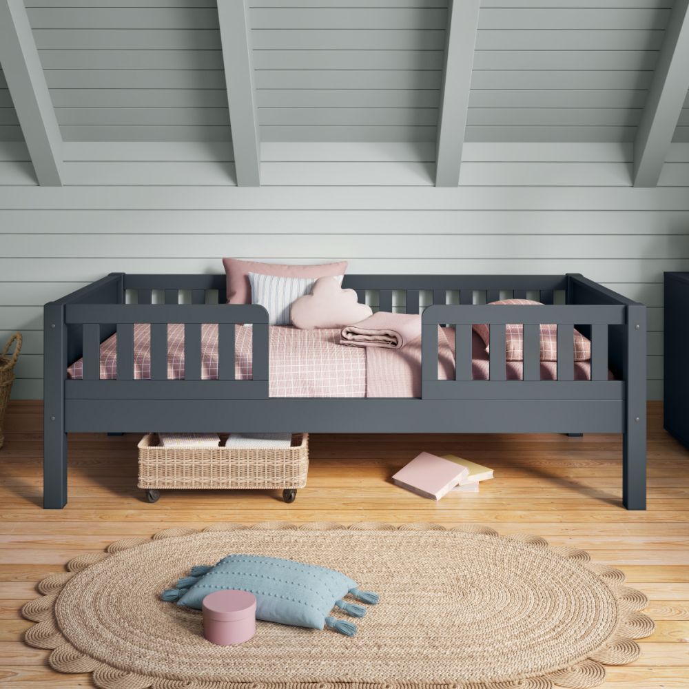 arven junior bed with safety guard rails blue closer front view
