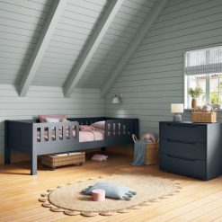 arven junior bed with safety guard rails blue side view