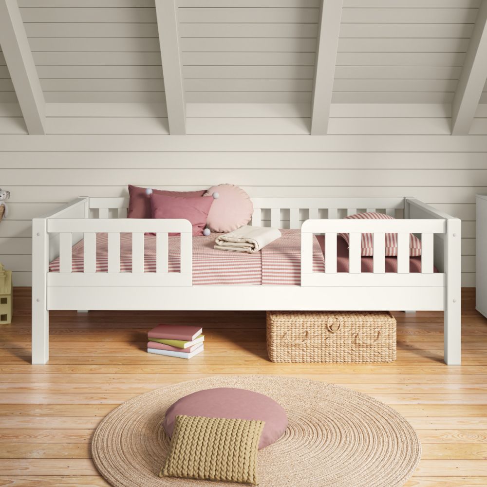arven junior bed with safety guard rails white closer front view