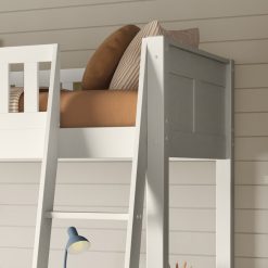 closer angled view of the headboard and slanging ladder on the white arven high sleeper with single bed and storage desk