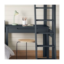 closer front view of the blue storage desk under the blue arven high sleeper with single bed and storage desk