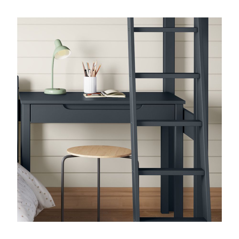 closer front view of the blue storage desk under the blue arven high sleeper with single bed and storage desk