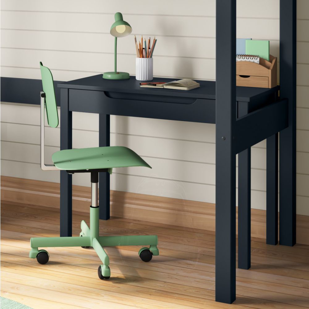 closer side view of the storage desk under the blue arven high sleeper