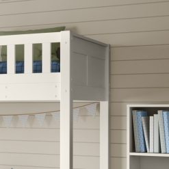 detailed angled view of the headboard on the white arven high sleeper