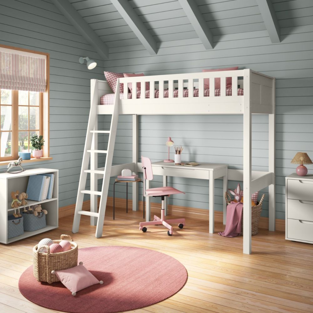 stompa arven white high sleeper with freestanding desk centre angled